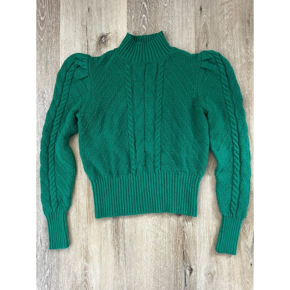 LOFT Womens Cable Knit Sweater Green Puff Sleeve Mock Neck Cozy Textured Size M